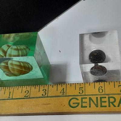 two paperweights North Sea oil field with oil and seashell