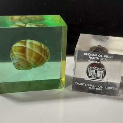 two paperweights North Sea oil field with oil and seashell