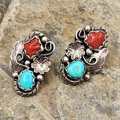 Native American Turquoise & Coral 925 Vintage Earrings 6.4gr $150 Value