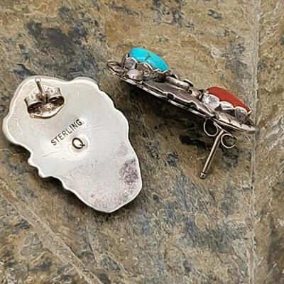 Native American Turquoise & Coral 925 Vintage Earrings 6.4gr $150 Value