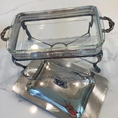 Vintage Silver plate chafing dish with 12" x 8" glass