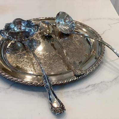 Oneida tray 15" diameter with ladles & serving spoon