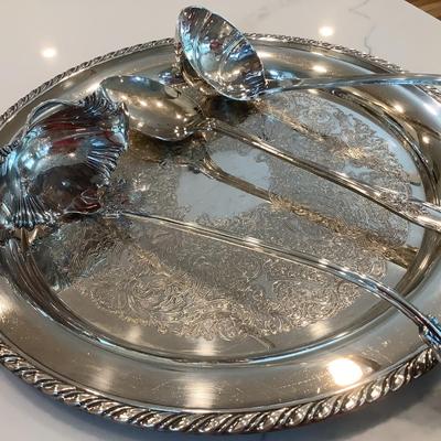 Oneida tray 15" diameter with ladles & serving spoon