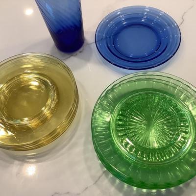 Colored Glass Plates & Vase - 4 green, 6 yellow, 1 blue plate & blue vase 6" app or dessert