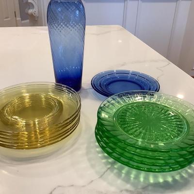 Colored Glass Plates & Vase - 4 green, 6 yellow, 1 blue plate & blue vase 6" app or dessert