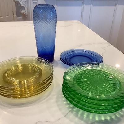 Colored Glass Plates & Vase - 4 green, 6 yellow, 1 blue plate & blue vase 6" app or dessert
