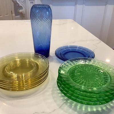 Colored Glass Plates & Vase - 4 green, 6 yellow, 1 blue plate & blue vase 6" app or dessert