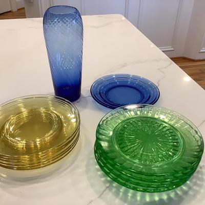 Colored Glass Plates & Vase - 4 green, 6 yellow, 1 blue plate & blue vase 6" app or dessert