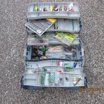 Gray flambeau fishing box with fishing gear