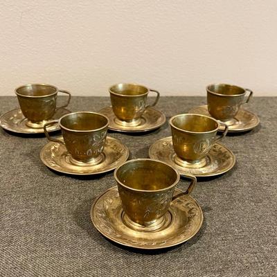 6 brass tea cups and saucers