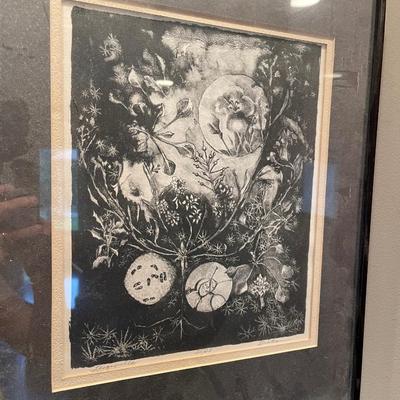 Black and white floral etching