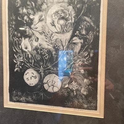 Black and white floral etching
