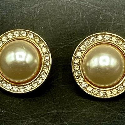 Gold Tone Large Faux Pearl Earrings with Rhinestones