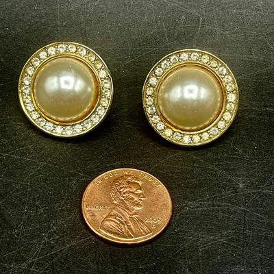 Gold Tone Large Faux Pearl Earrings with Rhinestones