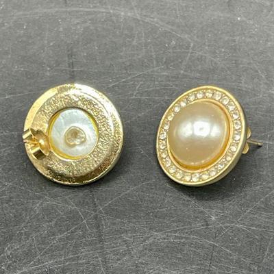 Gold Tone Large Faux Pearl Earrings with Rhinestones