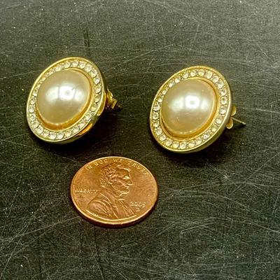 Gold Tone Large Faux Pearl Earrings with Rhinestones