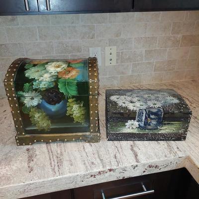 2 painted wooden boxes with votives