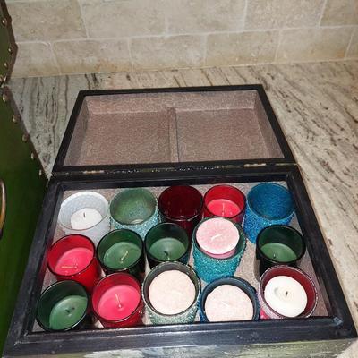 2 painted wooden boxes with votives