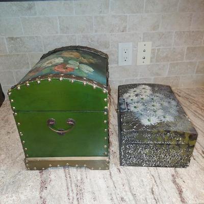 2 painted wooden boxes with votives