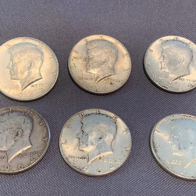 SEVEN Silver Half Dollars 1964 Kennedy Coins & 1 Standing Liberty