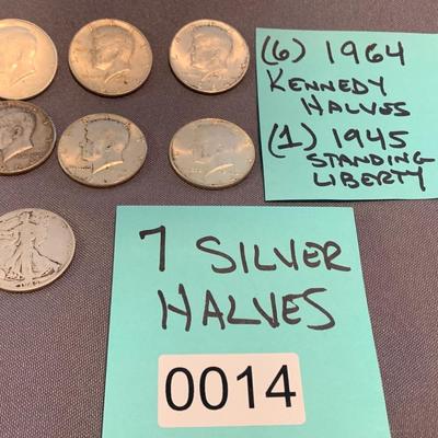 SEVEN Silver Half Dollars 1964 Kennedy Coins & 1 Standing Liberty