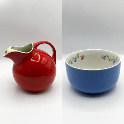 HALL’S SUPERIOR ~ Pair (2) ~ Blue Morning Glory Mixing Bowl & Red Round Ball Pitcher