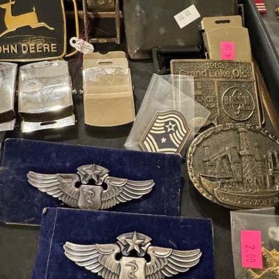 . Military metals, Pins, and belt buckles and commemorative coins