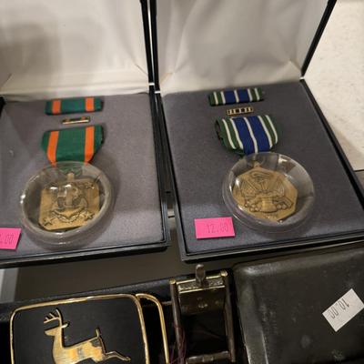 . Military metals, Pins, and belt buckles and commemorative coins