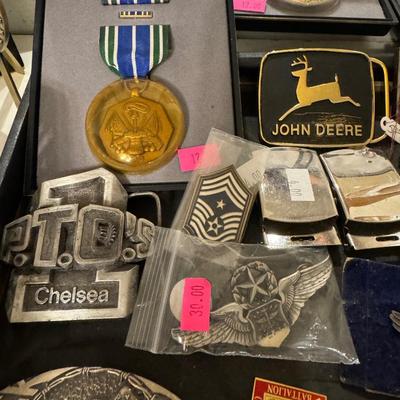 . Military metals, Pins, and belt buckles and commemorative coins