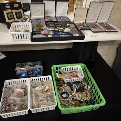 . Military metals, Pins, and belt buckles and commemorative coins