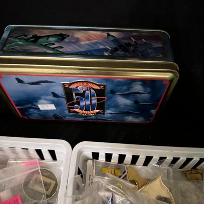 . Military metals, Pins, and belt buckles and commemorative coins