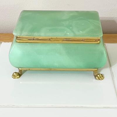 Genuine Alabaster Decorative Trinket Box With Metal Clawfeet Design