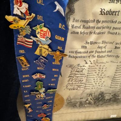Vests with Military Convention Pins and Naval Academy graduation certificate