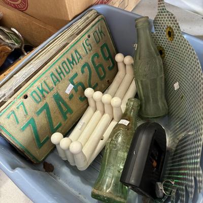 Wooden bench, thermos, cooler, miscellaneous