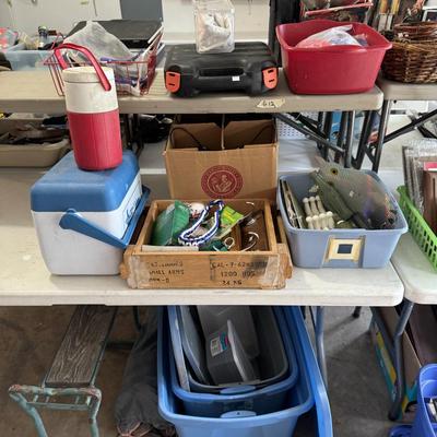 Wooden bench, thermos, cooler, miscellaneous