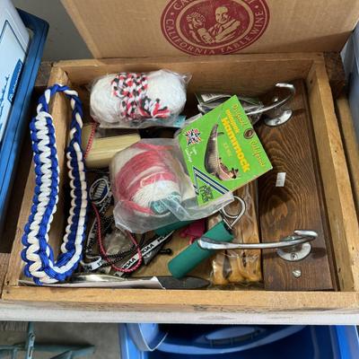 Wooden bench, thermos, cooler, miscellaneous
