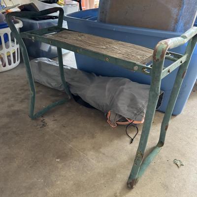 Wooden bench, thermos, cooler, miscellaneous