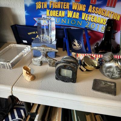 Airplane light switch, WWIl gun oil can, flags, pictures and hats, Military Memorabilia