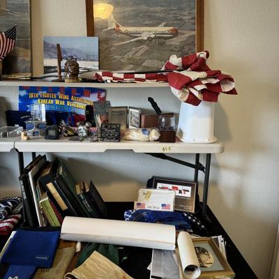 Airplane light switch, WWIl gun oil can, flags, pictures and hats, Military Memorabilia