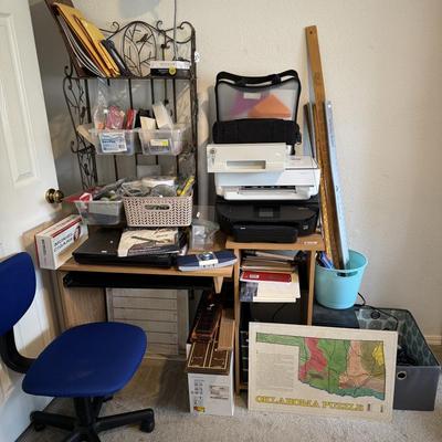 Office supplies, Printers, desk, lamp, chair