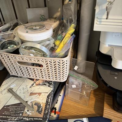 Office supplies, Printers, desk, lamp, chair