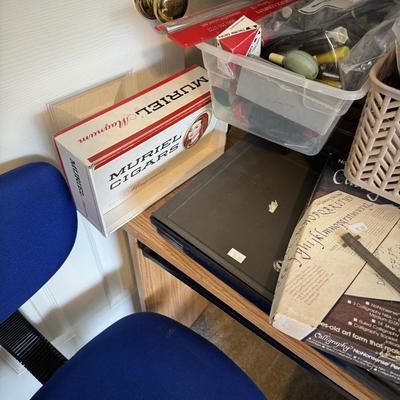 Office supplies, Printers, desk, lamp, chair