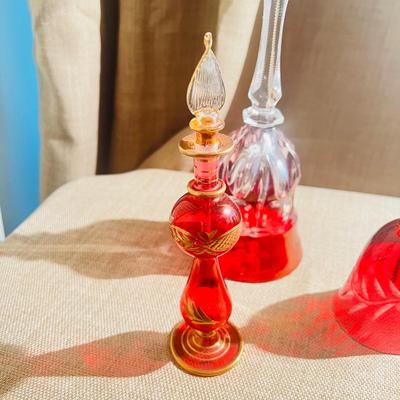 Vintage Ruby Red Collection Crystal Set 2 Dinner Bells 1 Perfume Decanter
