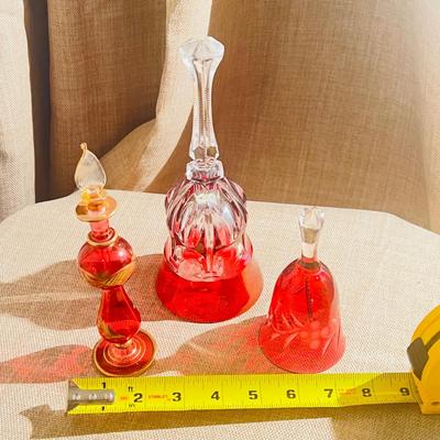Vintage Ruby Red Collection Crystal Set 2 Dinner Bells 1 Perfume Decanter