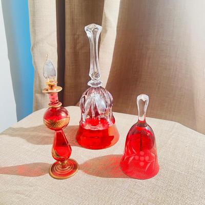 Vintage Ruby Red Collection Crystal Set 2 Dinner Bells 1 Perfume Decanter