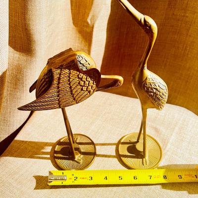 Set of 2 Mid Century Brass Cranes, Pair of Birds Hovering or Bending, Unique Vintage Figurines