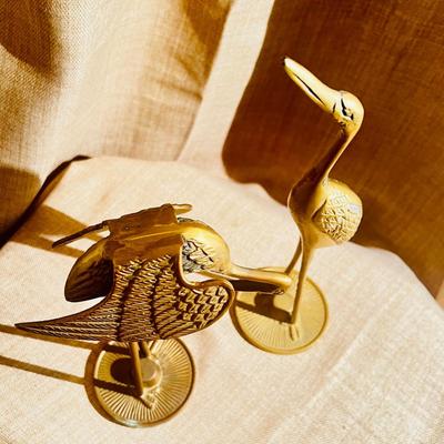 Set of 2 Mid Century Brass Cranes, Pair of Birds Hovering or Bending, Unique Vintage Figurines