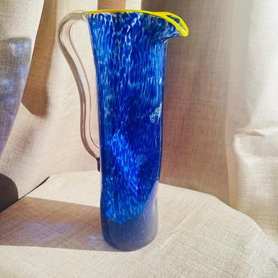 Nouveau Art Glass Pitcher Blue Cobalt Tall Hand Made
