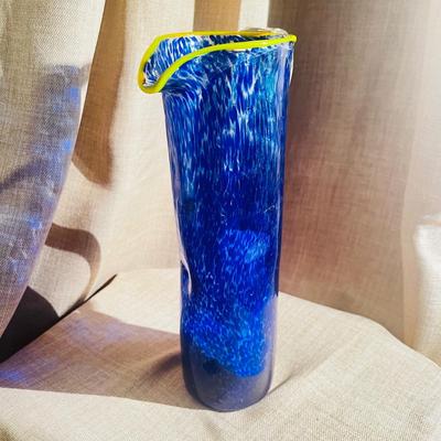 Nouveau Art Glass Pitcher Blue Cobalt Tall Hand Made