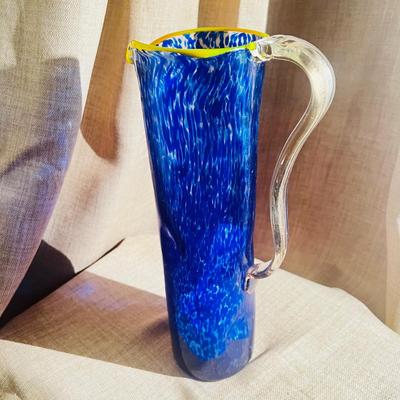 Nouveau Art Glass Pitcher Blue Cobalt Tall Hand Made